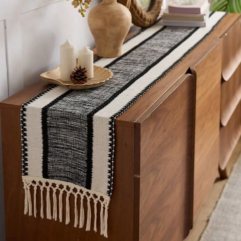 

Black Rustic Table Runner Handwoven Coffee Table Scarf Perfect for Dresser Decor Outdoor Party Chic Kitchen Dining Centerpiece