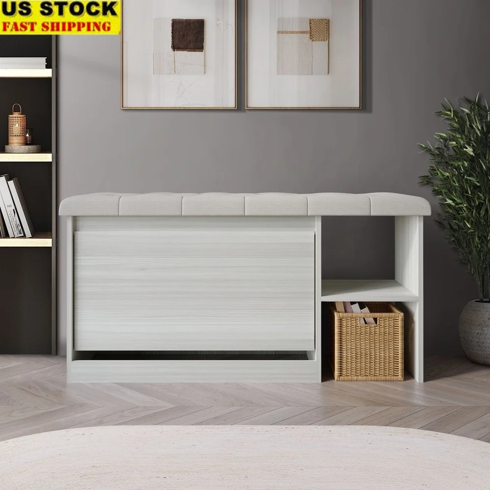 

Contemporary Upholstered Storage Bench with Shoe Organizer Entryway 3-Tier Flip Drawer Comfortable Seating Indoor Furniture