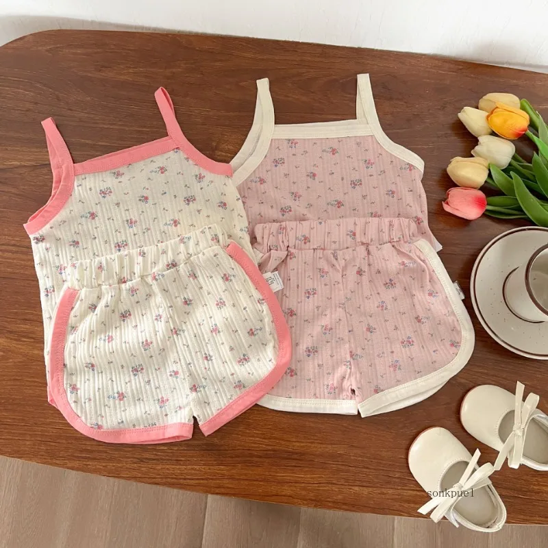 Baby Clothes Sets Summer Toddler Girl Strap Suits Cotton Printing Tops +Shorts Infant Tracksuit Newborn Sets