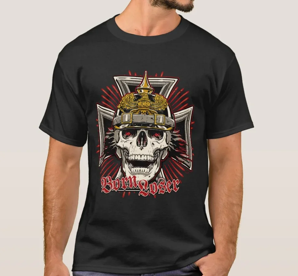 Camiseta de soldado con calavera de Pickelhaube prussiana con cruz de hierro alemana de la Segunda Guerra Mundial, camiseta informal de manga corta 100% de algodón con cuello redondo para hombre, talla S-3XL