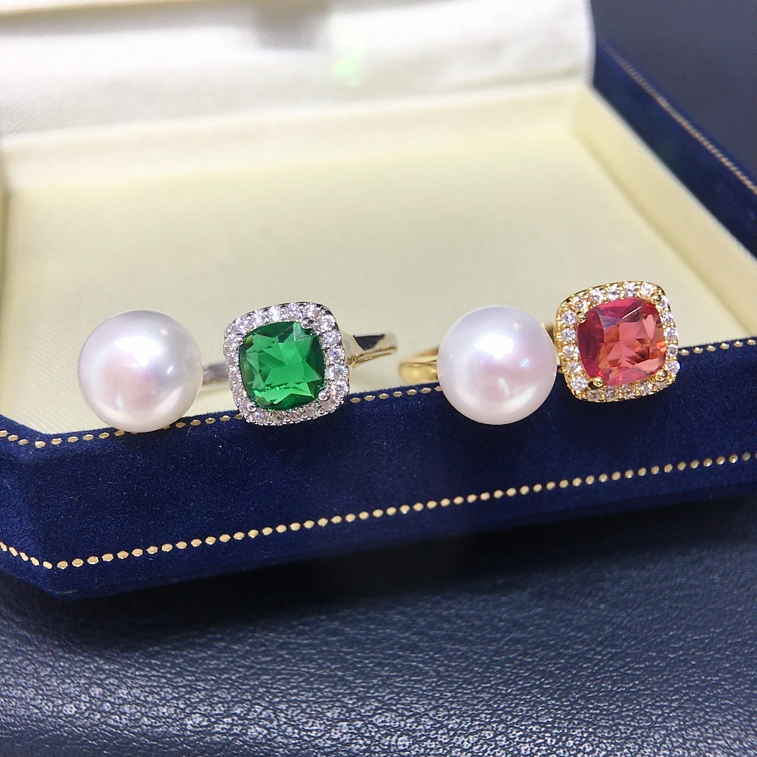 

Seiko Aurora Natural Freshwater Pearl Ring Light Luxury New Red and Green Gemstone Open End Ring Temperament Handmade