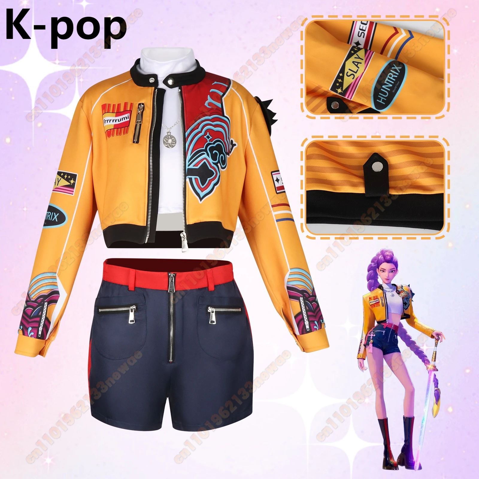 

Rumi KPop Demon Hunters Cosplay Costume Set for Girls Yellow Jacket Huntrix Uniform with Earrings Movie Halloween Party Outfit