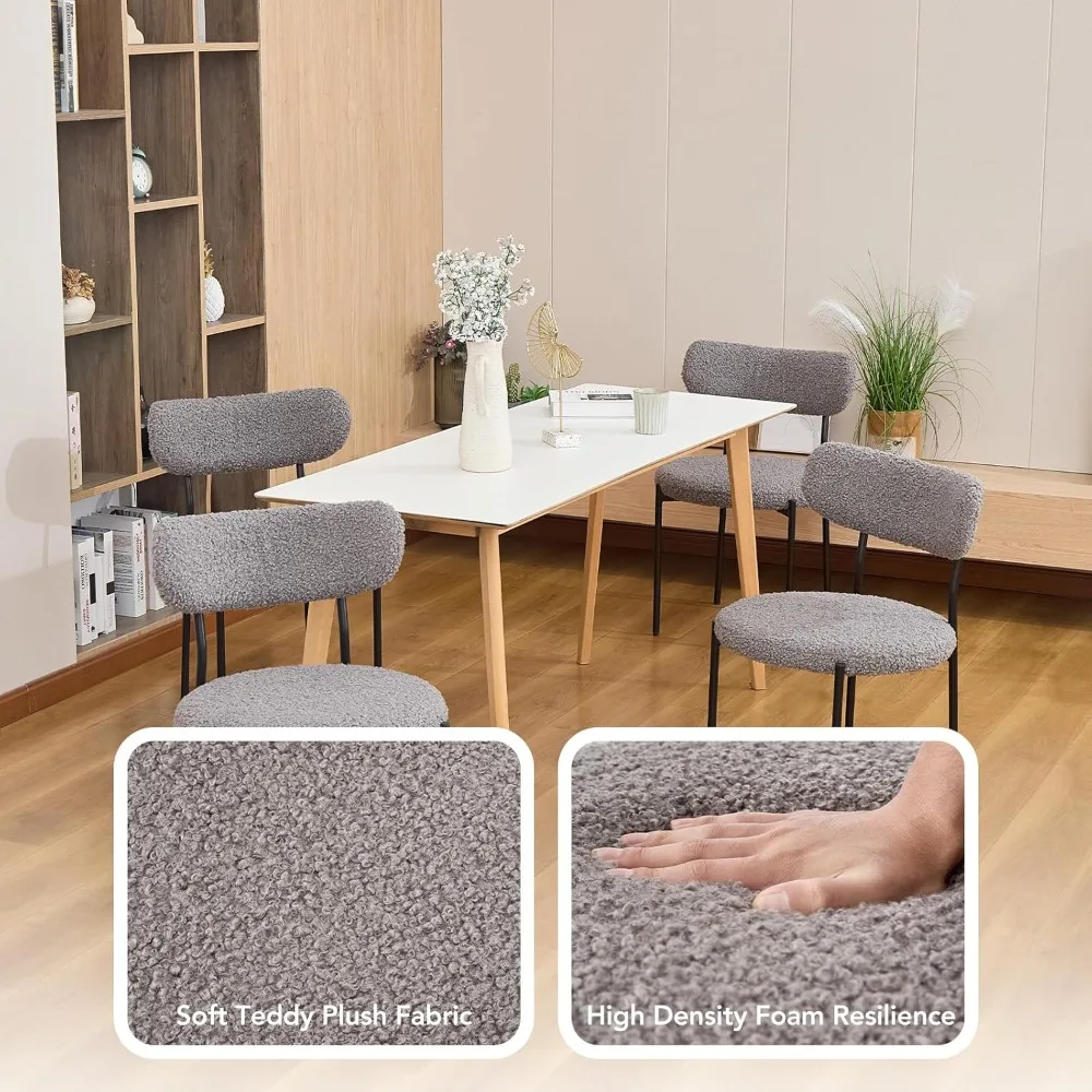 Boucle Dining Chairs,Holiday Chairs, Round Widened Upholstered Chairs, Modern Mid Century Style, Sturdy and Comfy with Black Met