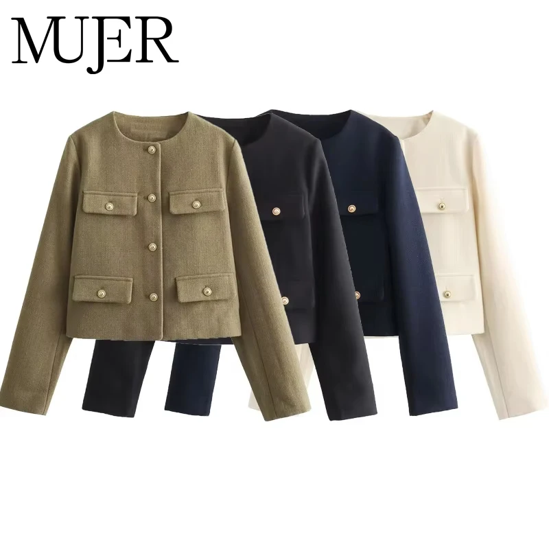 MUJER Tweed Cropped Jacket Woman Long Sleeve Vintage Jacket Woman Fashion Button Elegant Jackets For