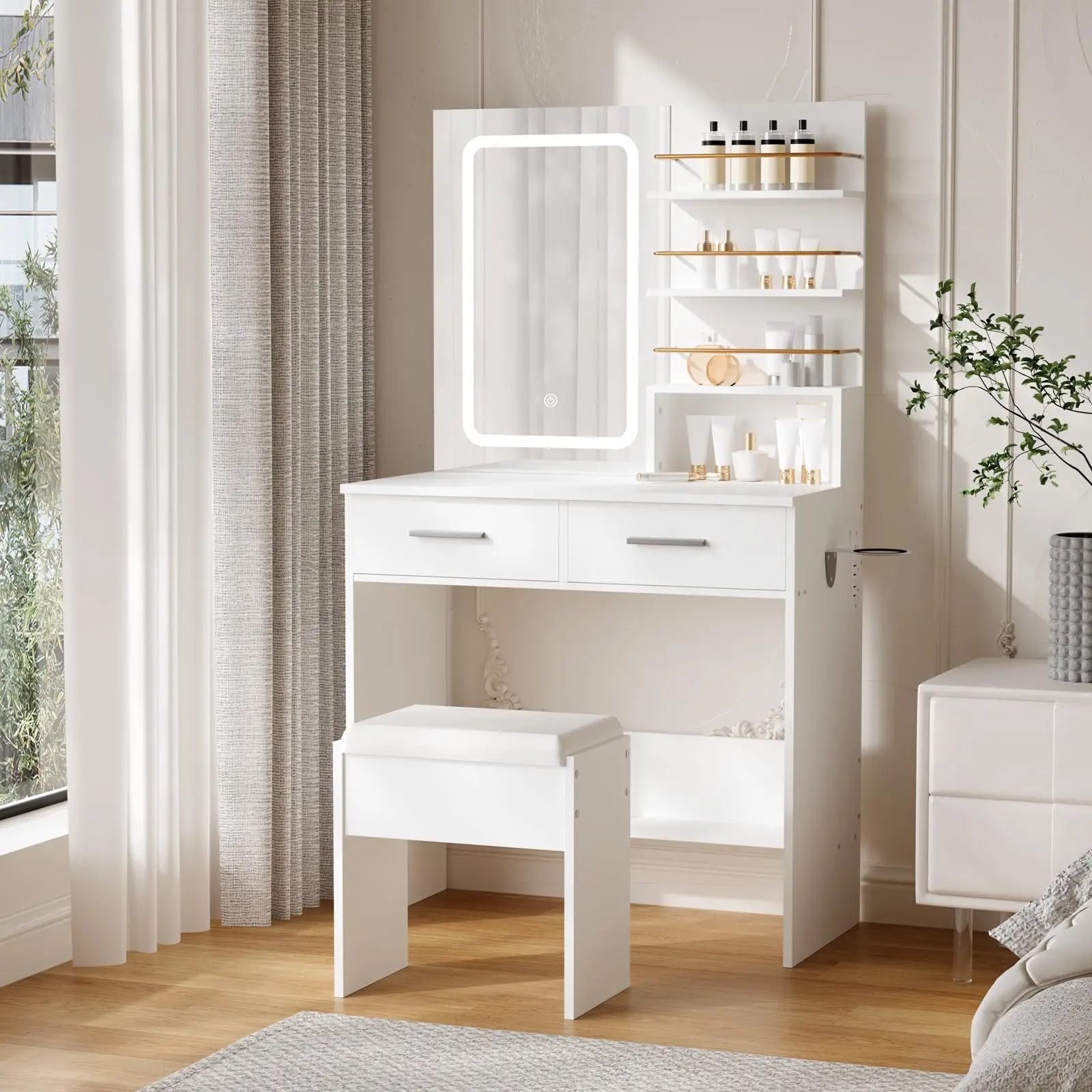 Desk with Mirror and Lights, Makeup with 3 Color Light Options and 4 Open Shelves, Table with 2 Storage Ders, Dring