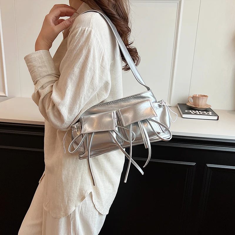 Sweet Girls Fashion Bow Shoulder Bag Soft Pu Leather Vintage Armpit Bag Large Capacity Multi-pocket Female Commuter Tote Bag2024
