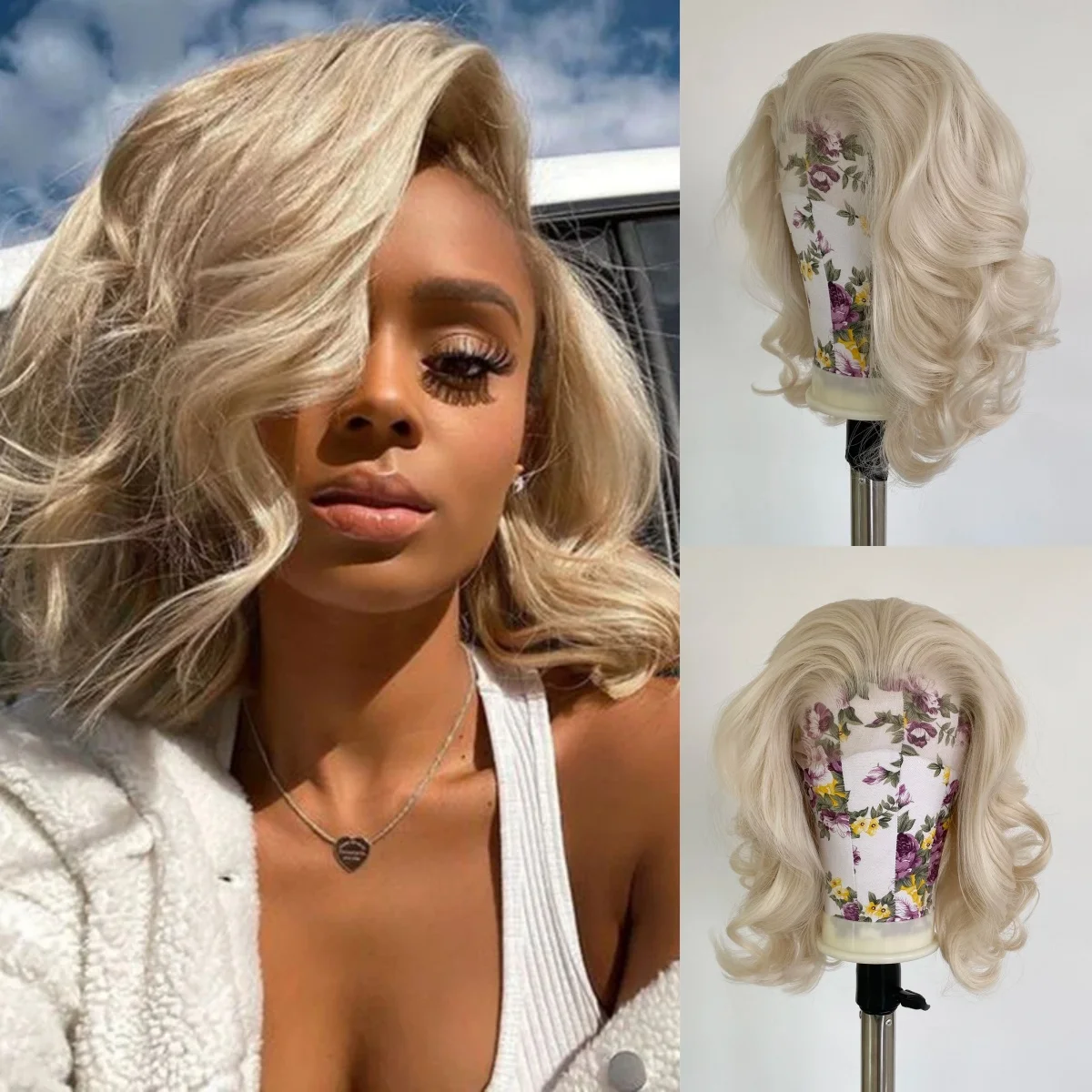 

Платиновый блонд, короткий волнистый парик 13x4 HD, парик-боб с кружевной передней частью, без клея, синтетический, с белым кружевом, для повседневной носки для чернокожих женщин