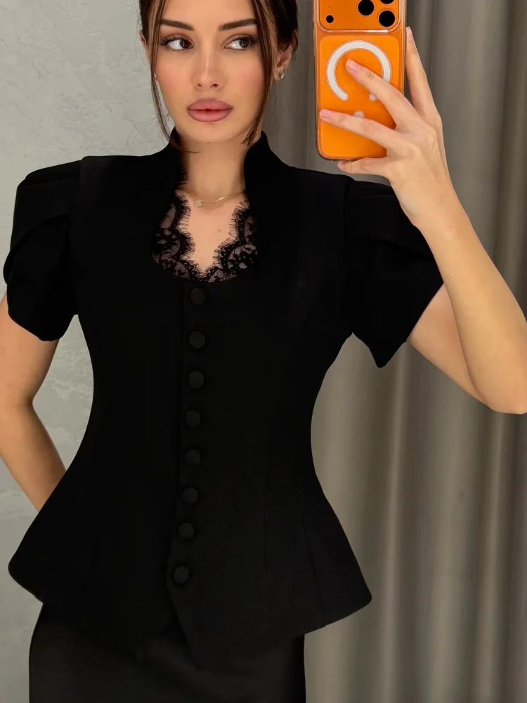 Eleganter Damenmantel, schick, kurzärmelig, Spitze, Patchwork, einreihig, U-Ausschnitt, weibliches Oberteil, modisches Sommer-Damen-T-Shirt für Party