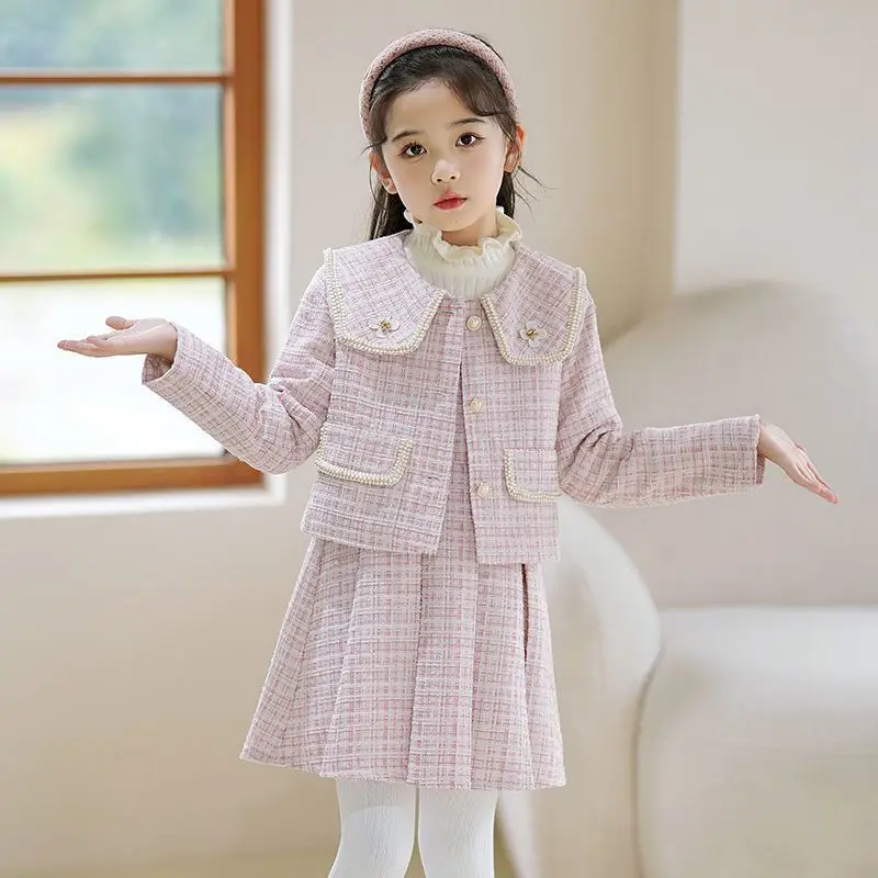 Fashion Kids Girls Princess Clothes Set Spring Autumn Teen Children Coat Outwear+Dress Vintage Outfits Suit for 3-12yrs