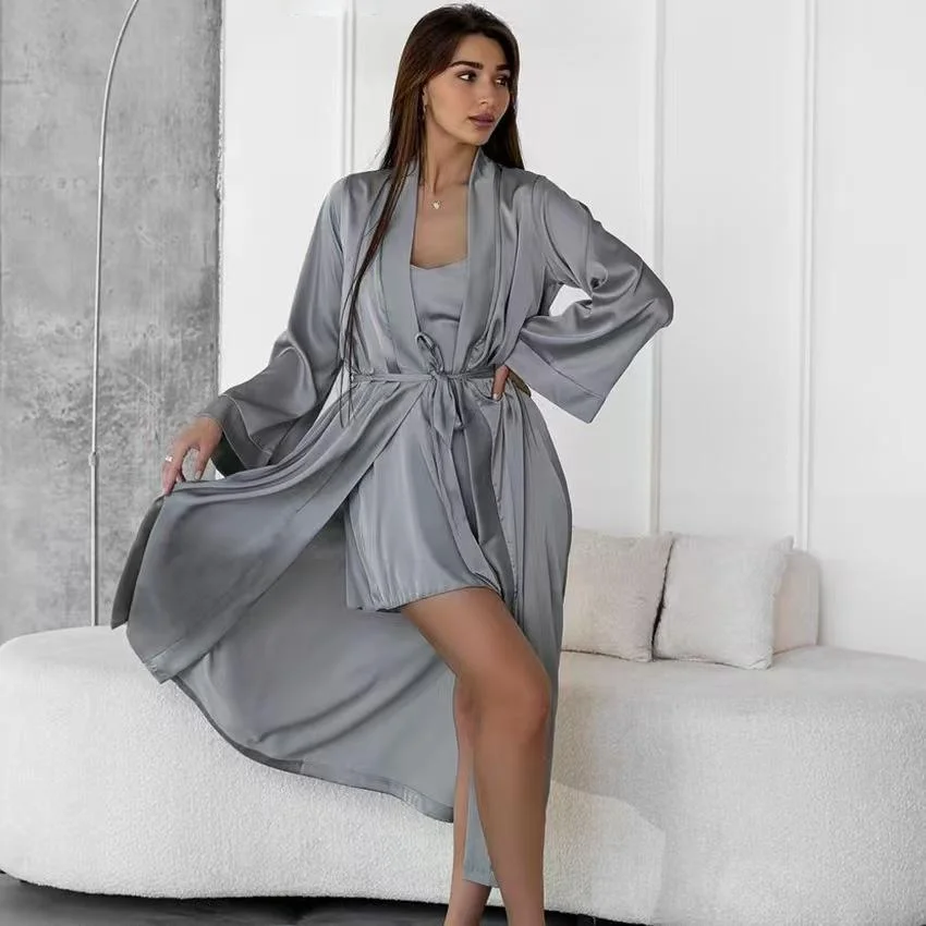 

Удобный свободный халат Sp Dr, комплект из двух предметов, домашняя одежда, длинный рукав, простой дизайн для молодых женщин, цвет