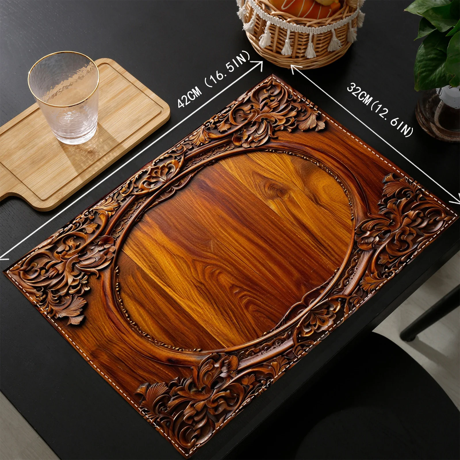VIKAMA Carved Wood Grain Placemat Vintage European Style Heat Resistant Dining Table Mat for Home Decor