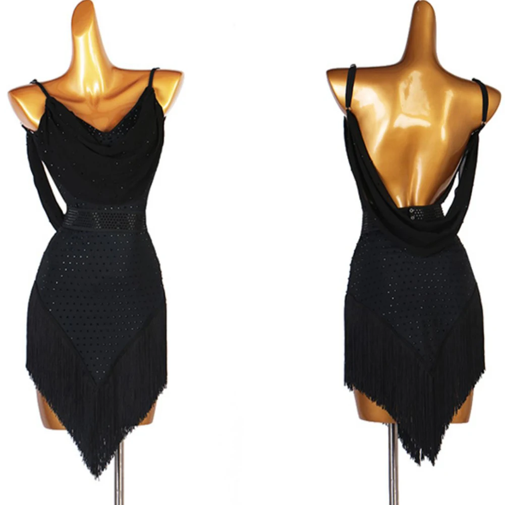 Kwastje Latin Dance Nieuwe Strass Licht Paarse Tango Jurk Riem Mouwloos Zwart Rumba Samba Rode Professionele Dansjurk