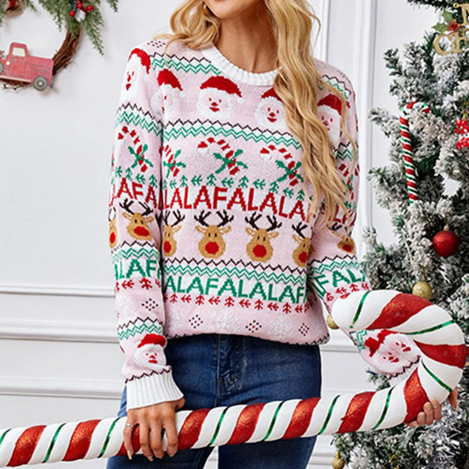 Women Casual Christmas Sweater Funny Pink Reindeer Fashion Print Christmas Jumpers Tops Couple Holiday Party Slim Sweatshirt