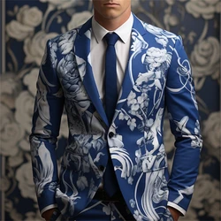 Floral Printed One Button Men's Fashion Suit Set With Notched Lapel, 2 pieces Blazer and Pants Long Sleeves Party Wear For Men