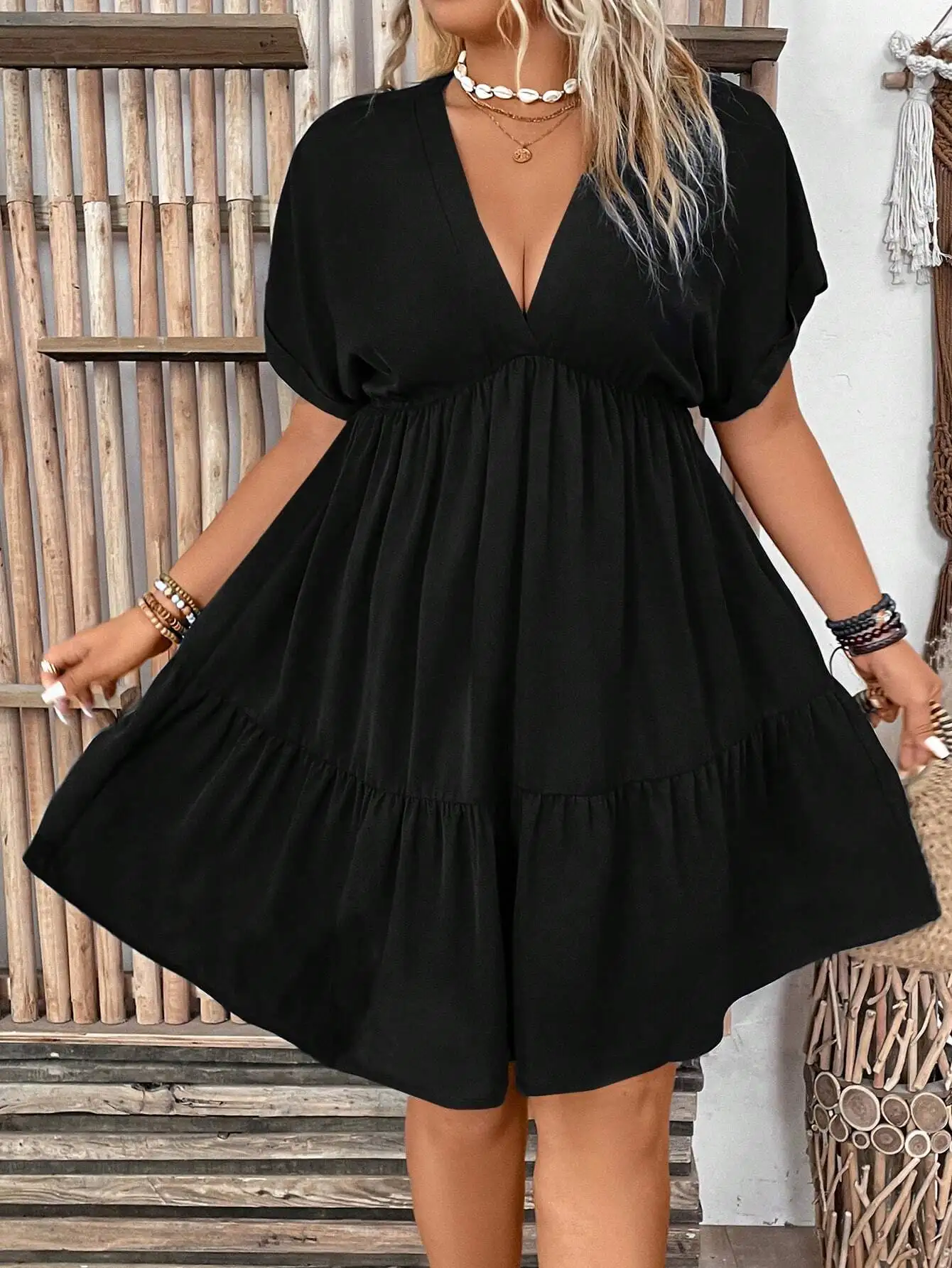 

Plus Size Women Solid Deep V-Neck Batwing Sleeve Tiered A-Line Casual Mini Dress Summer