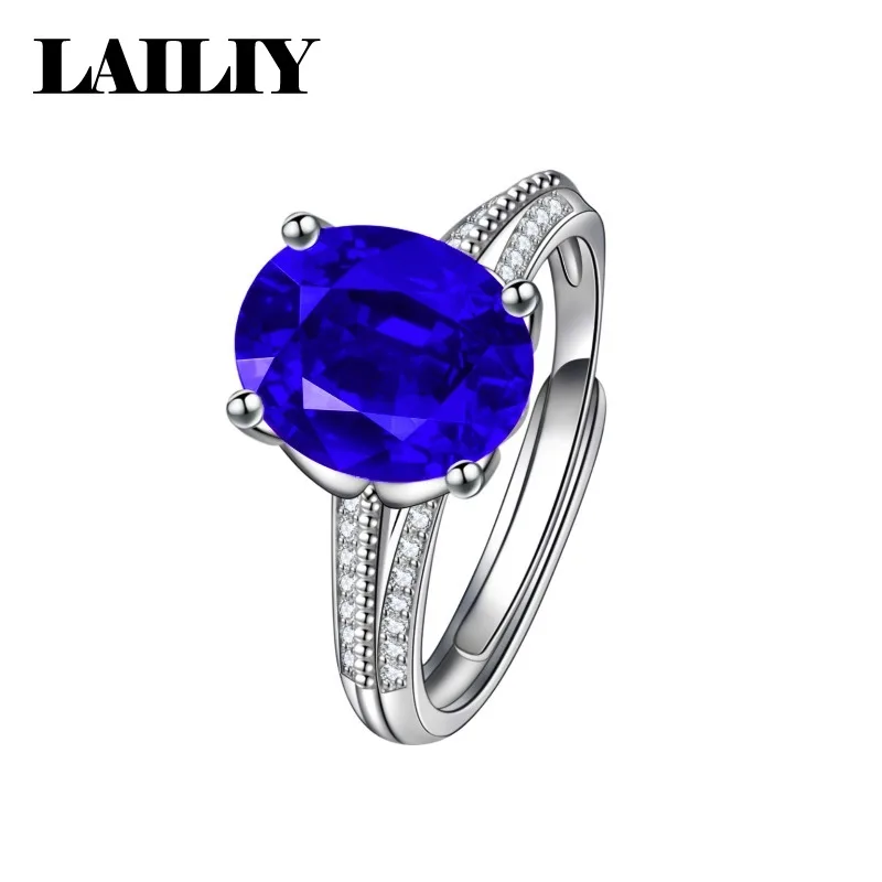 LAILIY925 Sterling Silver Double Row Diamond Zirconia Oval Colored Gemstone Adjustable Ring for Men Women Fashion Jewelry
