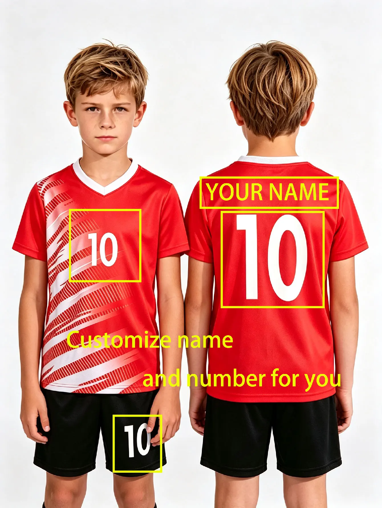 Custom Name Number for Ages 3-13  2-Pcs Kids Soccer Jersey Set Eco-Friendly Red White Stripe V-Neck Short Sleeve