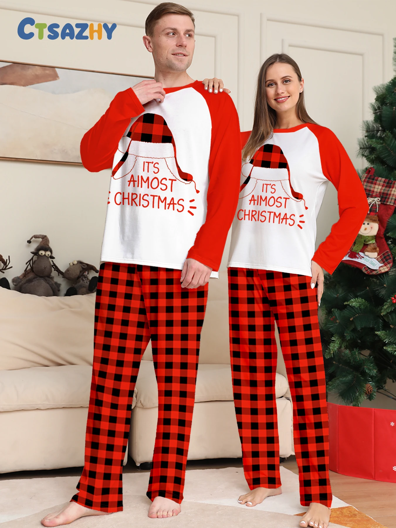 

Рождественский комплект пижамы для пар "ОЖДЕСТВЕННЫЙ РОЖДЕСТВЕННЫЙ" клетчатая шляпа Санта-Клауса с рукавами реглан, красная, черная клетчатая пижама