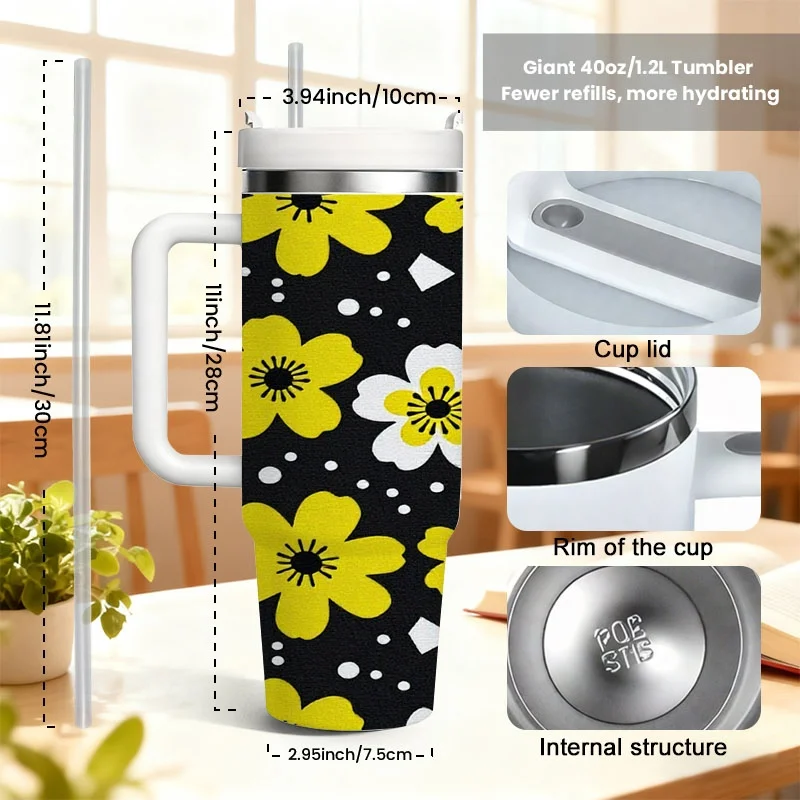 Playful Floral Pattern 40Oz Stainless Steel Insulated Tumbler, Digitally Printed Black Background Cup with Yellow And White Flower Designs, Reusable Drinkware for Daily Commute And Outdoor Use