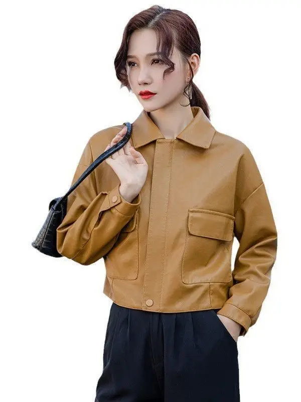 Chaqueta de cuero PU con solapa para mujer, top corto de alta gama para motocicleta, versión coreana, otoño, 2024