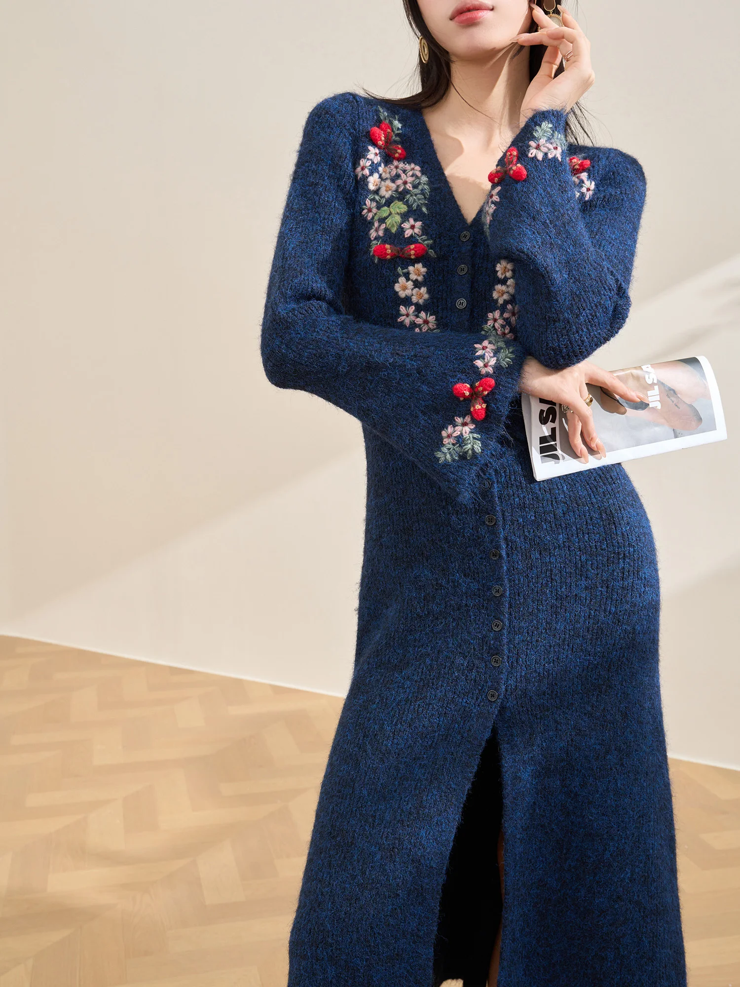 

Hand Embroidered Heavy Work Long Blue Knitted Dr V-Ne Open Cardigan Sle Women's Faion Winter Warm Fitted Skirt