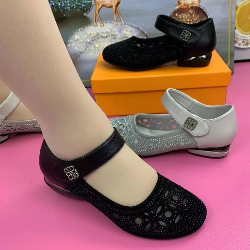 Women\'s Breathable Hollow Heeled Single Shoes 2023 Summer Retro Shallow Pumps for Women Soft Sole Office Ladies Casual Sandals