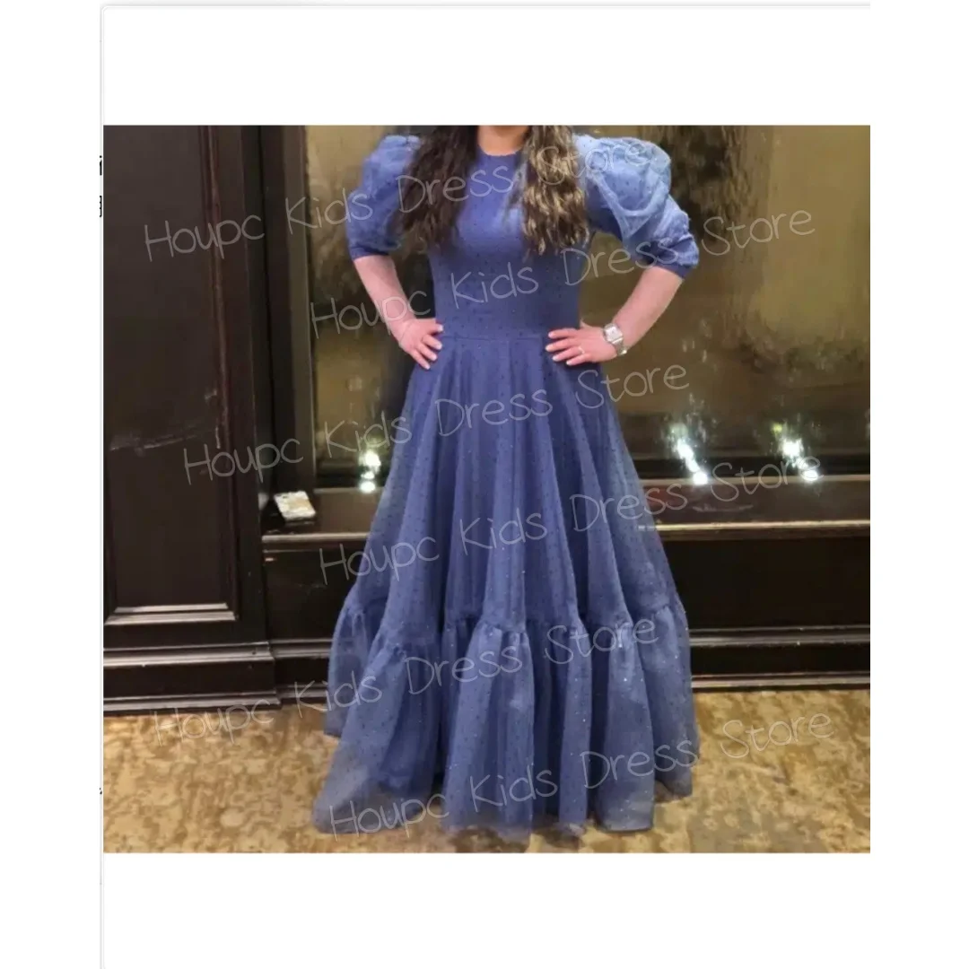 Custom Navy Blue Tulle Flower Girl Dress for First Communion, Puff Sleeve A-Line Gown with Polka Dots, Customizable Kids Wedding