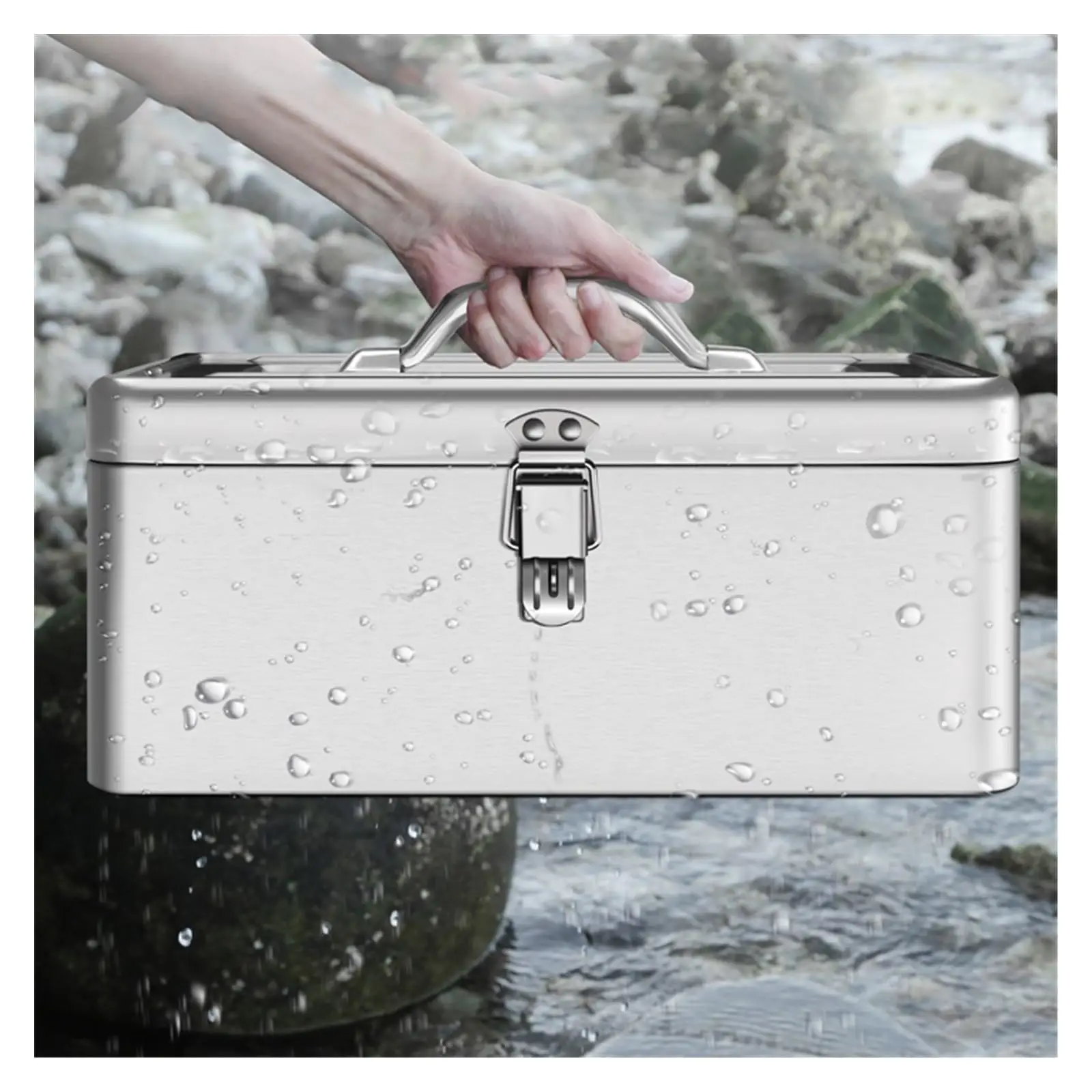 Kotak Alat Portabel Stainless Steel – Kotak Penyimpanan Dada dengan Kait Logam, Kotak Penyimpanan Alat Multifungsi Genggam Perak