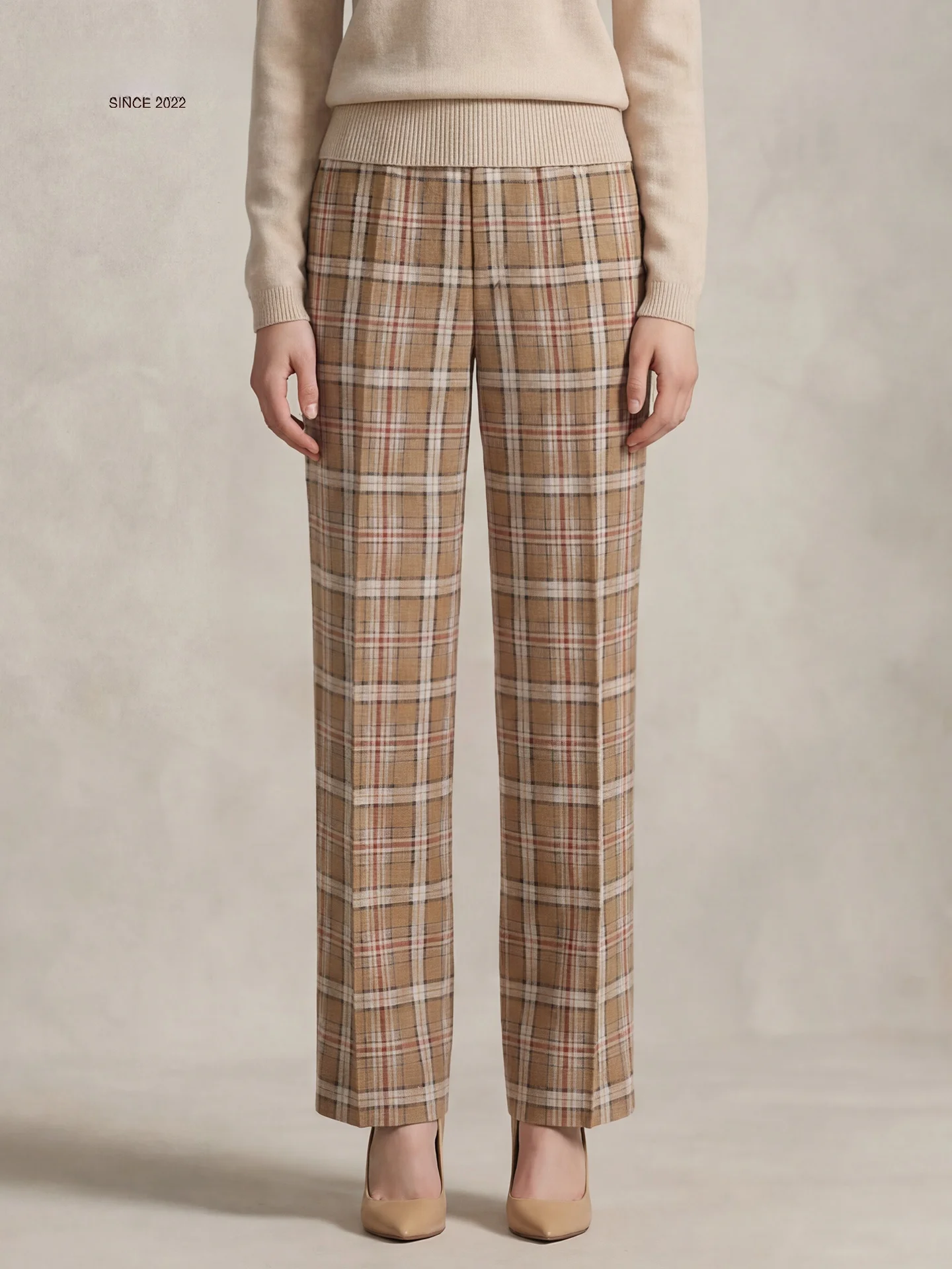 

Khaki Plaid Woolen Suit Pants for Women Straight Leg Autumn Winter Vintage Long Trousers Commute Sle mid Waist Pants