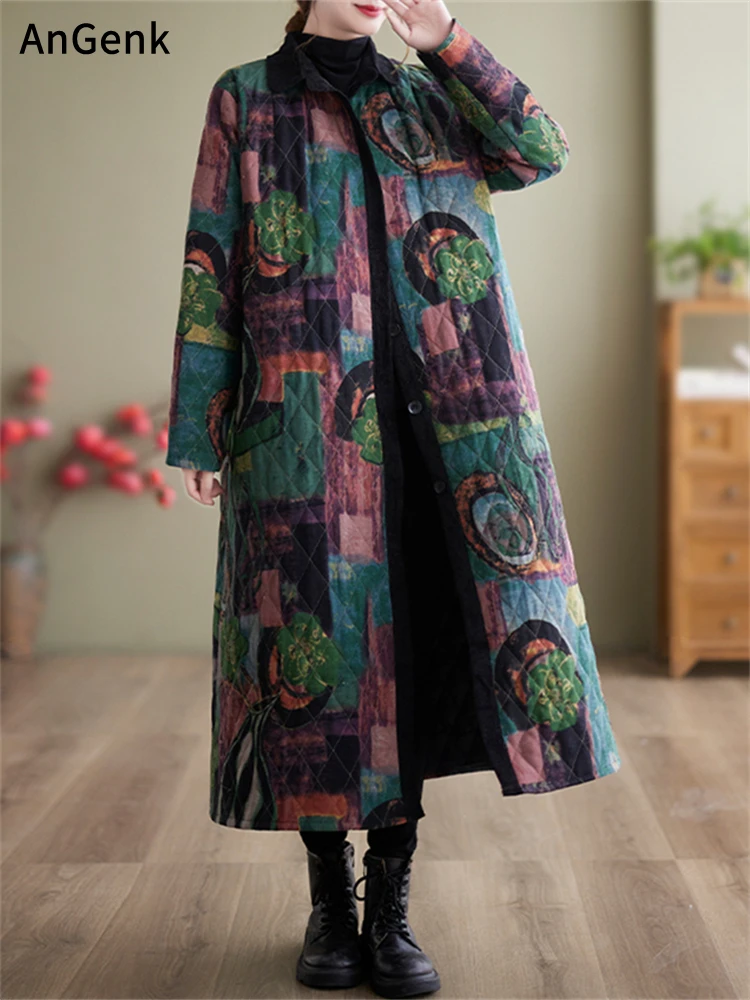 Cotton Coat Ethnic Style Long Sleeved Vintage Single Breasted Women Winter Patchwork Casual Loose Medium Length Print Outerwear