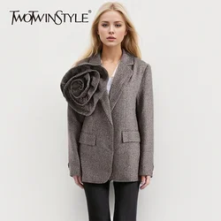 TWOTWINSTYLE Elegant Spliced Appliques Two Piece Set For Women Lapel Long Sleeve Blazer High Waist Mini Dress Chic Sets Female