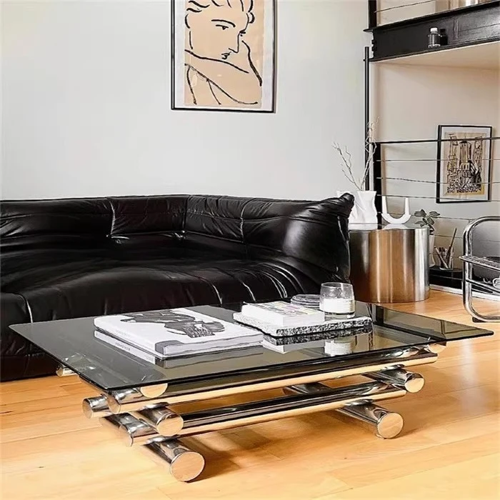 Grey glass coffee  stainless steel glossy  removable coffee table personalized creative fashion small table