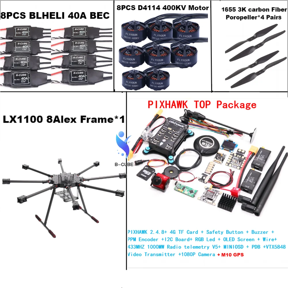 Cadre Octa-Rotor LX1100 en Fibre de Carbone, 1100mm, BLHELI 40A ESC Ptage Pixhawk 2.4.8 M10, Ensemble de Contrôle de Vol, Moteur D4114