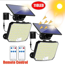 태양광 모션 센서 리모컨 벽 램프, 야외 비상 IP65 방수, 거리 차고 정원 조명, 3 모델, 118LED