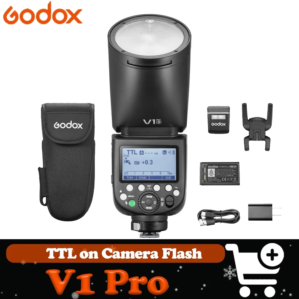 

Вспышка для камеры Godox V1 Pro TTL HSS с временем перезарядки 1,5 с, круглой головкой и встроенной светодиодной лампой, совместимая с Sony, Canon, Nikon