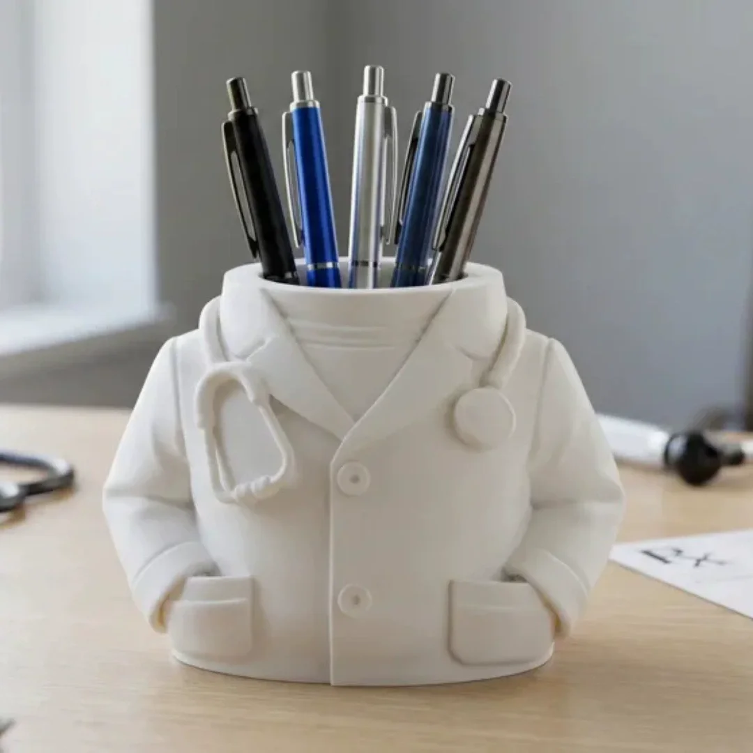 Creative Desktop Pen Holder in White Coat Style with Stethoscope Decoration Medical Office Desk Storage Pen Cup for Doctors