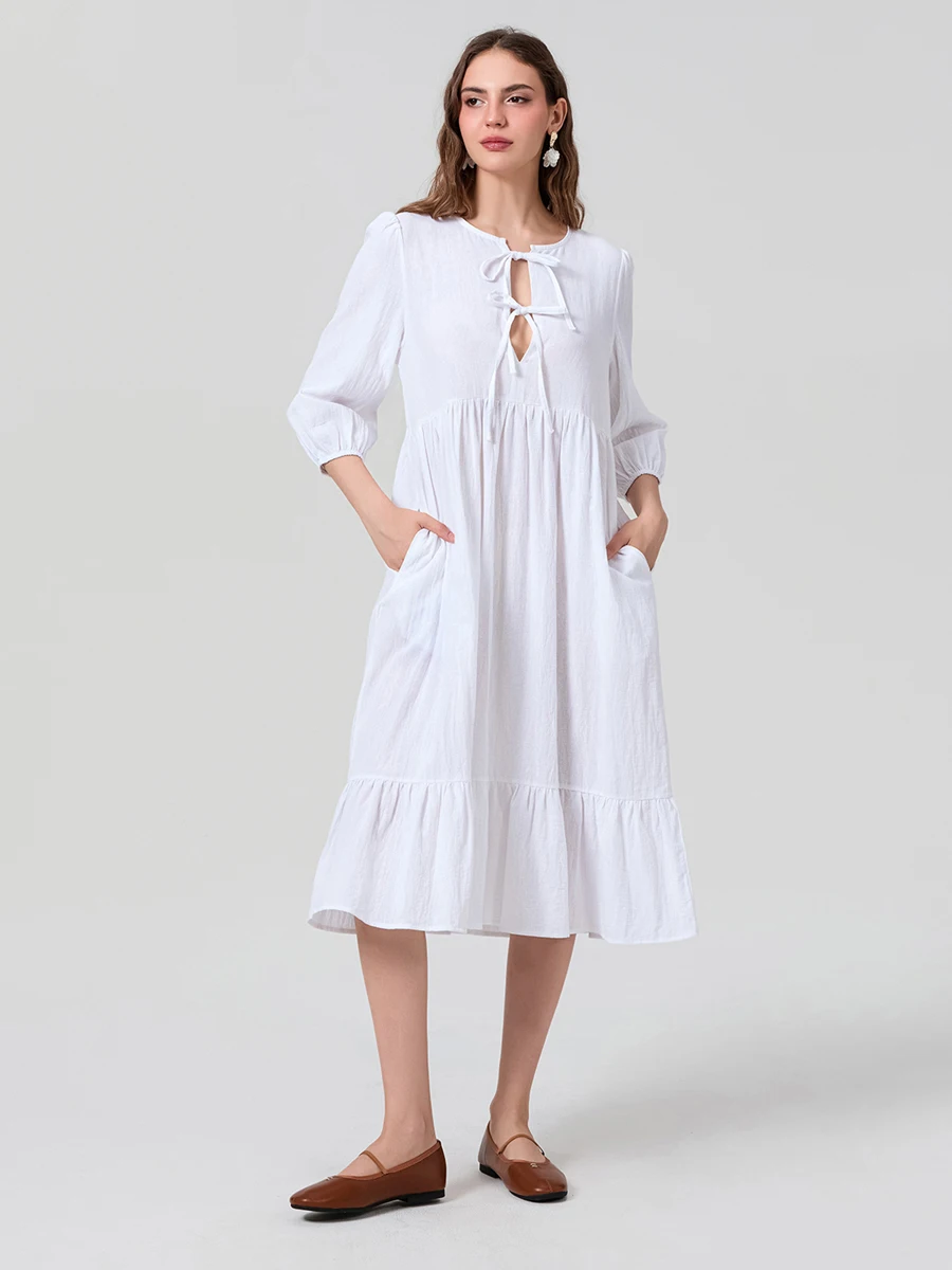 فستان نسائي طويل بلون سادة برباط أمامي فستان فضفاض صيفي كبير سوينغ 3 4 كم فستان كاجوال