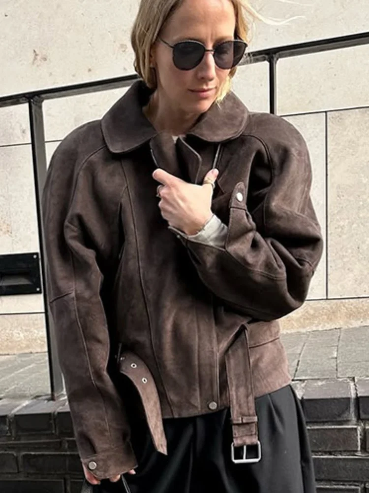 

Brown Belt Suede Jacket Women Casual Lapel Full Sleeve Zipper Pocket Slim Cropped Coat Lady Autumn New Highstreet Outwear
