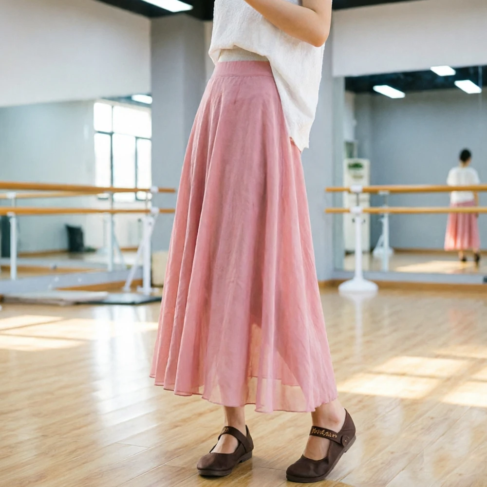 Black White Pink Dance Performance Long Skirt Women Elegant Pleated Elastic Waist Wave Sun Skirt Girl A-line Loose Midi Skirts