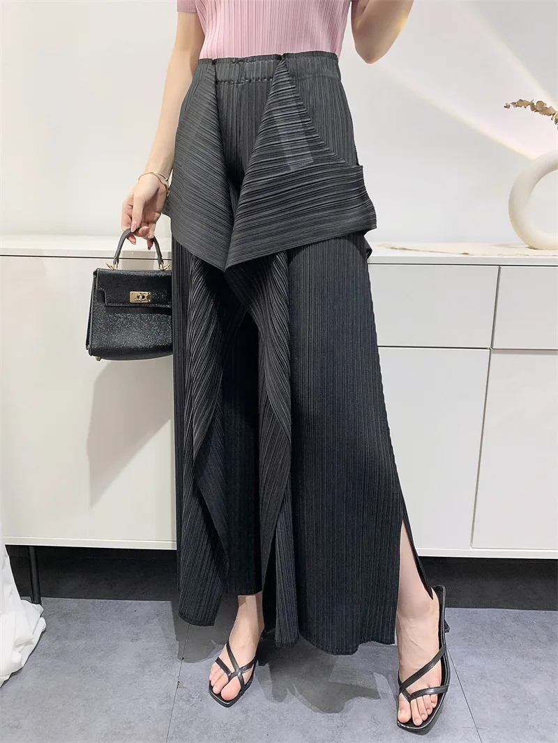 

2024 Autumn New Pleated Panel Pants Women's Loose Design Irregular Wide Leg Pants Comfortable Casual Fashion Harlan Pants