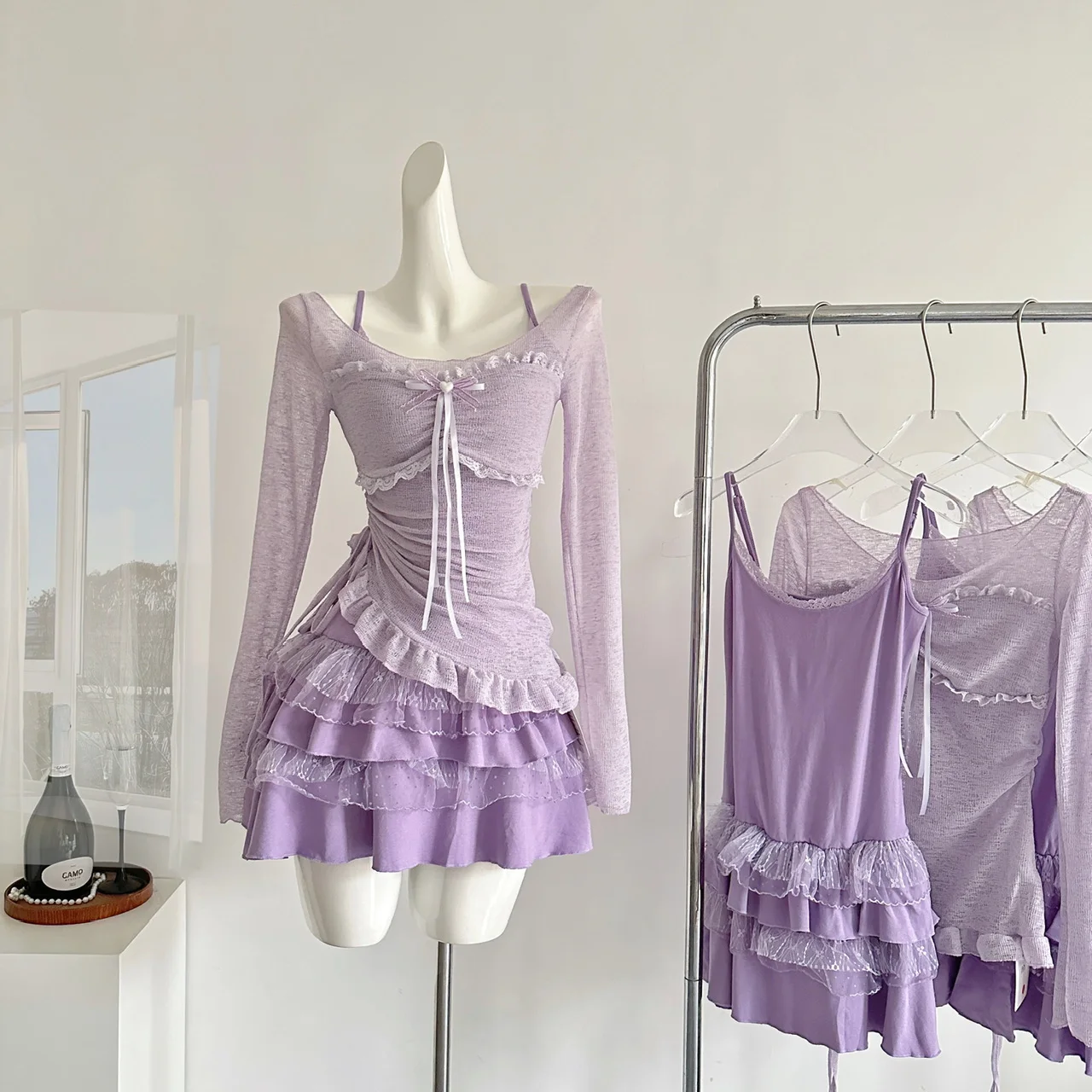 

Spring New Sweet Elegant Woman 2 Piece Sets Y2K Lace Bow Ruffle Design Cardigan + Mini Dress Female Vintage Fairy Outfits 2025