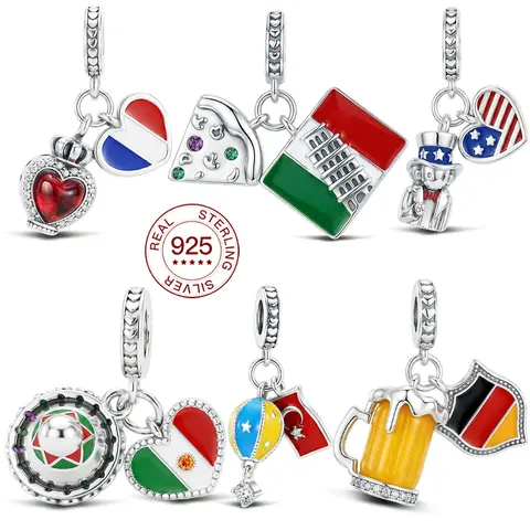 925 Sterling Silver Charm World Travel Charms Flag Pendant Fit Original Bracelets Travel Souvenir Jewelry Gifts For Woman