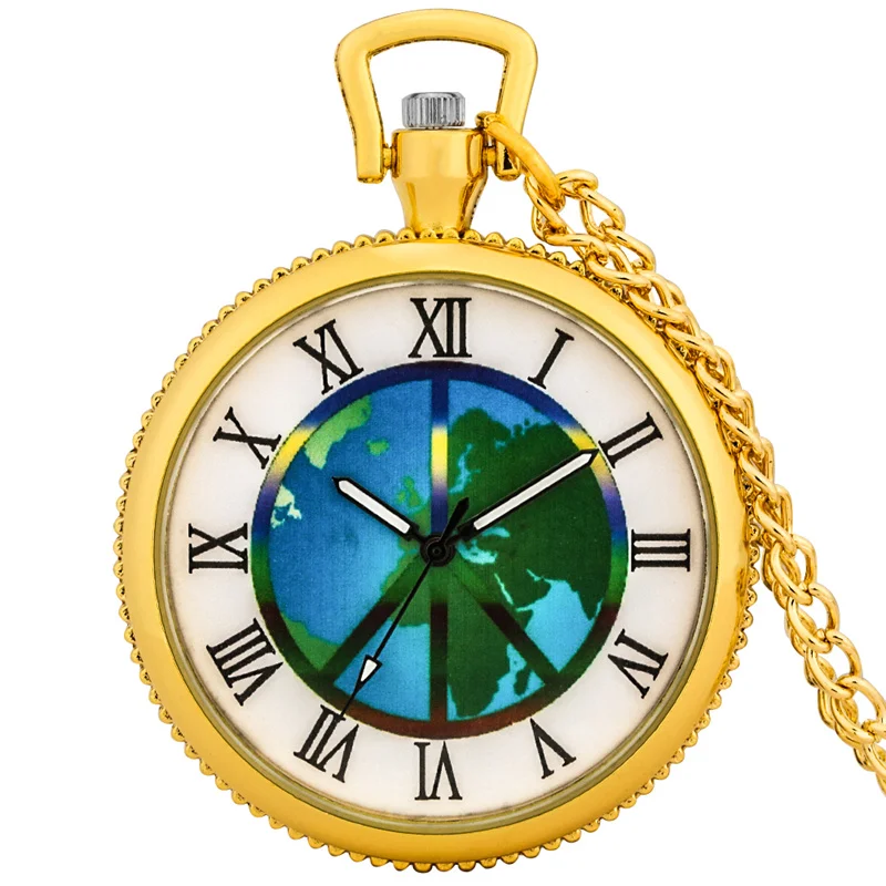 Creative Globe Theme Pocket Watch Roman Numeral Quartz Movement Timepiece with Necklace Chain Travel Souvenir Gift for Men Women