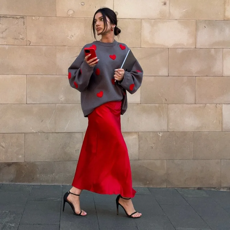 

Early Autumn Laid-back Style Flowing Round-neck Long-sleeved Women's Clothing Sweater Heart-colored Woven Base Layer for Women