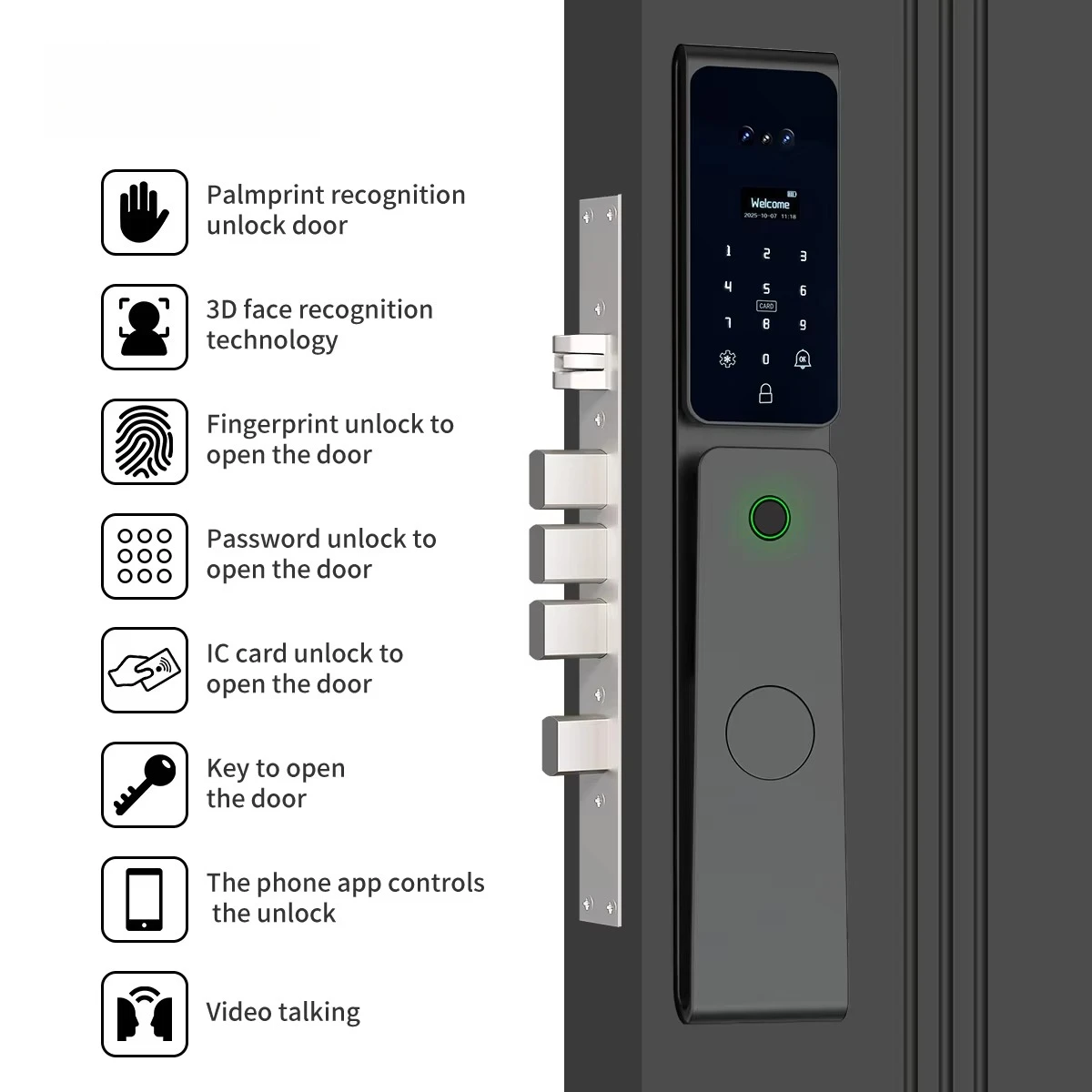 High Security Two-Way Audio Smart Lock Palm Face Recognition Waterproof Smart Lock for Israel 6085 Mortise Hebrew Language