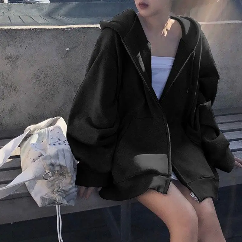 Women Hoodies Harajuku Korean Version Zip Up Loose Oversized Sweatshirts Casual Solid Color Long Sleeve Hooded Sweatshirt Coats