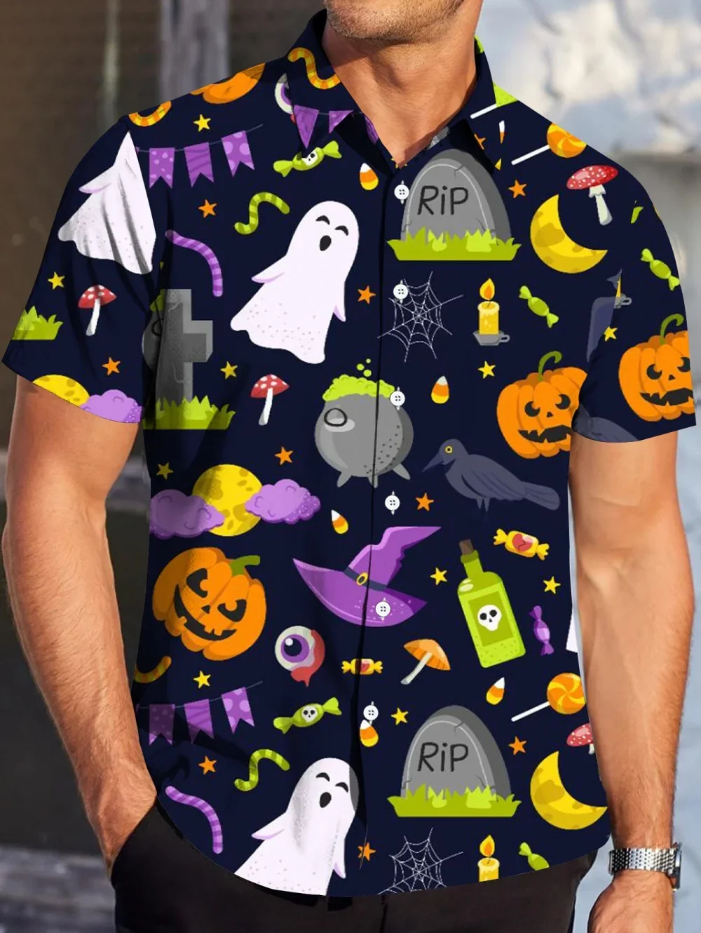 Men Halloween Ghost Pumpkin Hawaiian Shirt Short Sleeve Button Up Holiday Party Unisex Tops