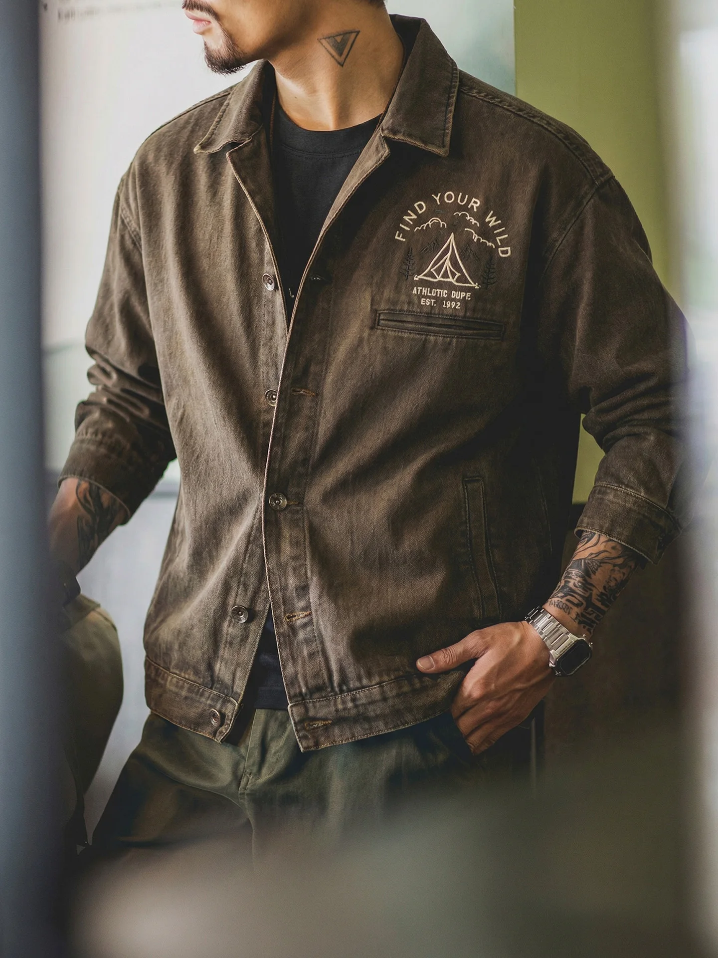Retro American Vintage Workwear Long Sleeve Shirt Men Loose Collar Print Casual Outerwear Trendy Cotton Polyester Spring Autumn