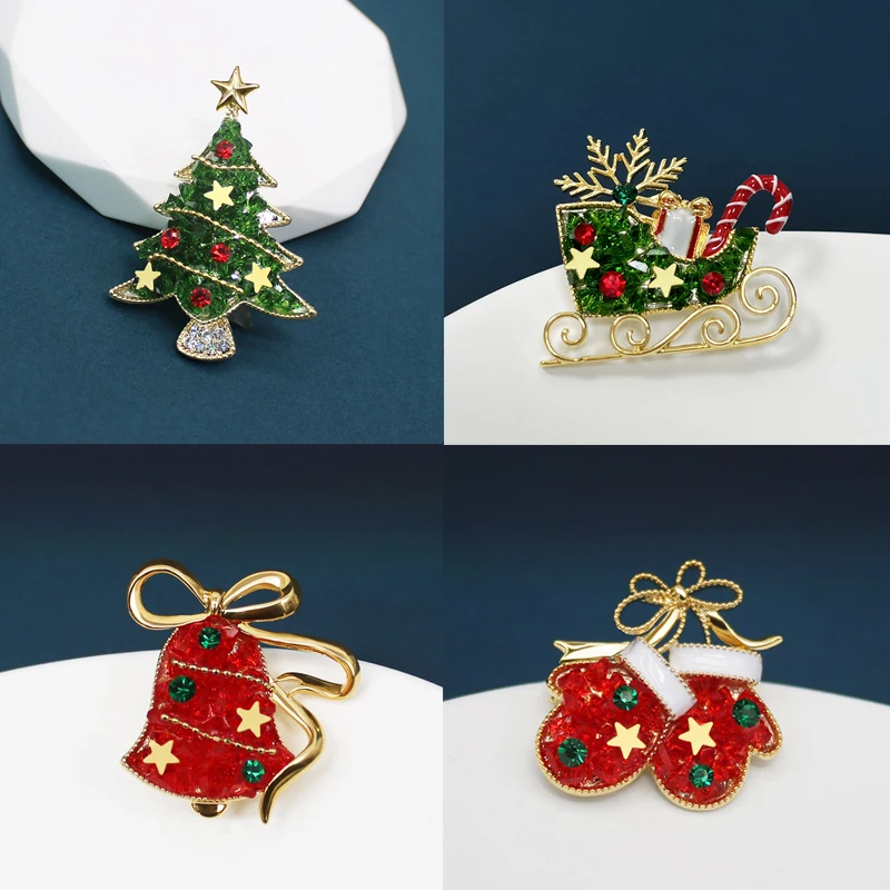 Luxury Exquisite Rhinestone Christmas Brooches for Women Unisex Christmas Tree Hat Bell Gloves Brooch Pins New Year Party Gifts