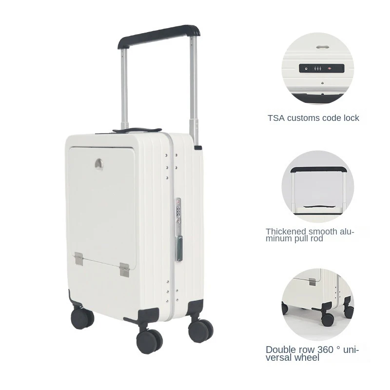 Voorste Openingsdeksel Koffer Usb Oplaadbare Brede Trolley Met Bekerhouder Koffer Aluminium Frame Wachtwoordkast 20 Inch Instapdoos